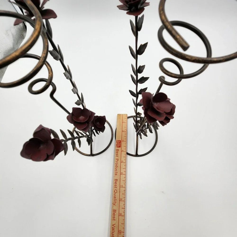 Pair Vtg Metal Rose Flower Votive Candle Holders Spiral Wire Tower Romantic Goth